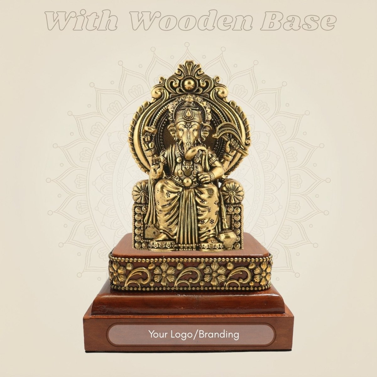 Chaturbhuj Ganesha Brass Idol with Wooden Base