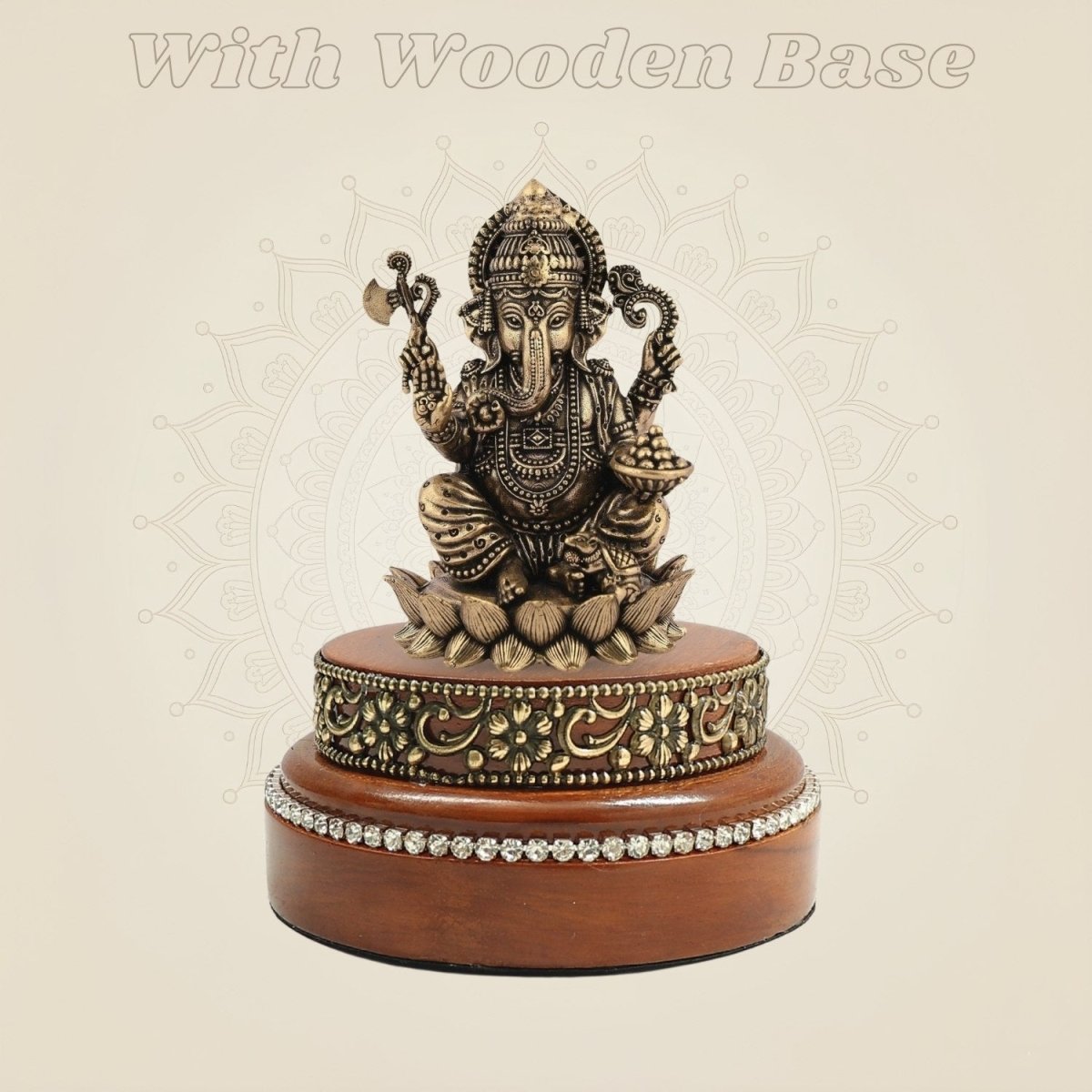 Chaturbhuj Ganesha Brass Statue 3" on a Wooden Base for Wealth - Luxeartisanship
