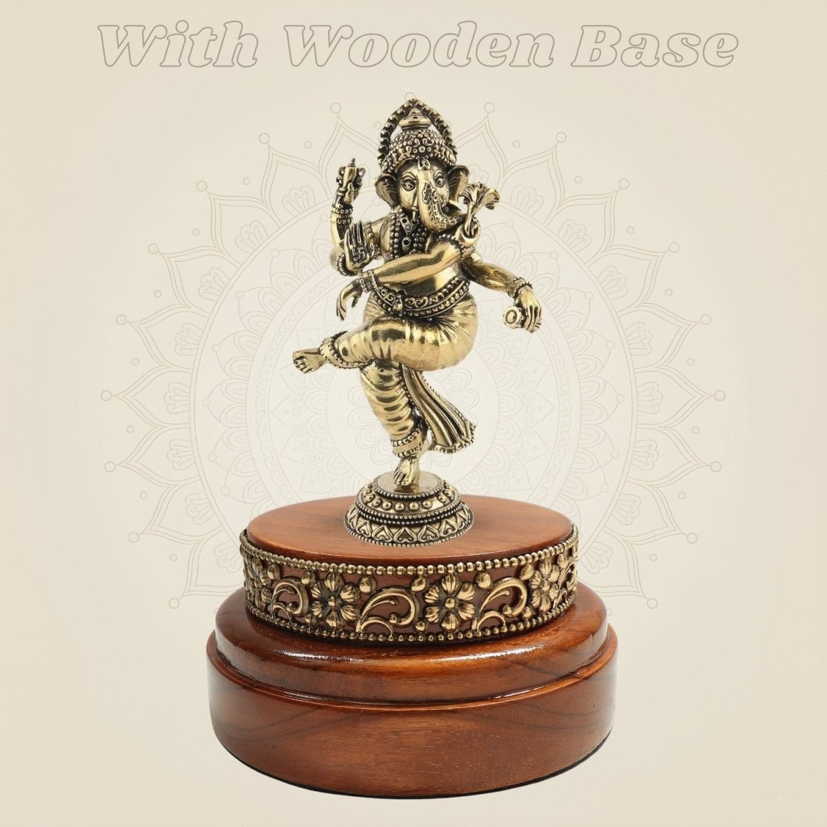 Dancing Ganesha Brass Statue in Motion on a Wooden Base - Luxeartisanship