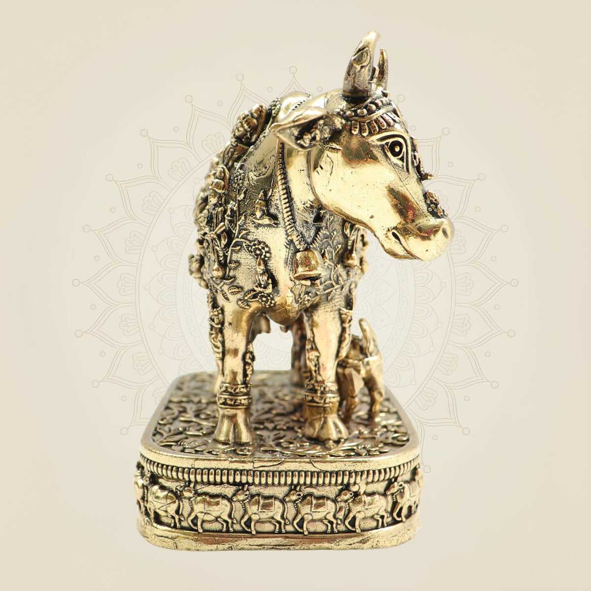 Divine Brass Kamdhenu Cow with Calf Statue 4" | Sacred Hindu Vedic Idol