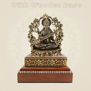 Divine Brass Saraswati Idol 3.75" on Square Wooden Base for Knowledge - Luxeartisanship