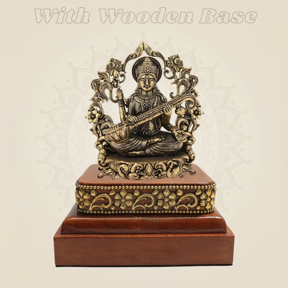 Divine Brass Saraswati Idol 3.75" on Square Wooden Base for Knowledge - Luxeartisanship