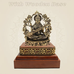Divine Brass Saraswati Idol 3.75" on Square Wooden Base for Knowledge - Luxeartisanship