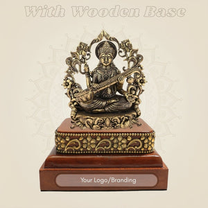 Divine Brass Saraswati Idol 3.75" on Square Wooden Base for Knowledge - Luxeartisanship