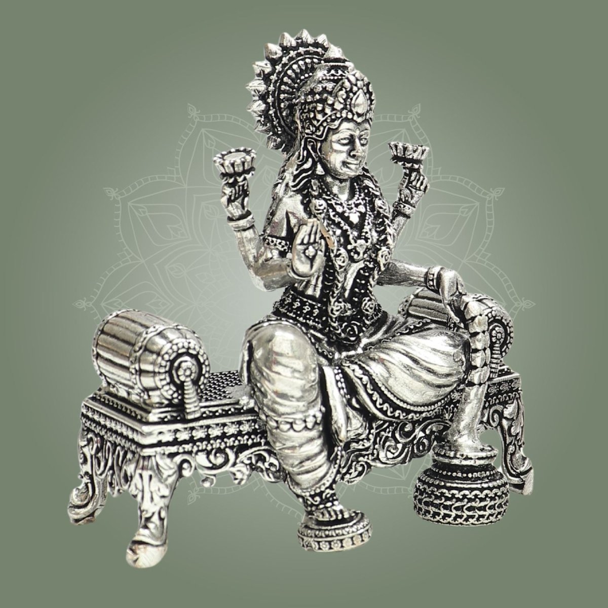 Goddess Lakshmi Silver Plated Brass Idol on Singhasan 3.5" - Luxeartisanship