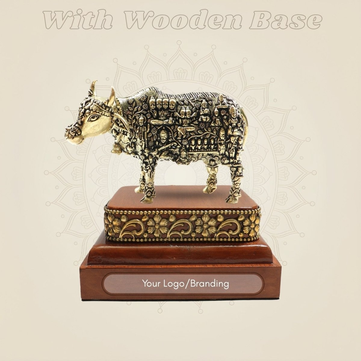 Kamadhenu Cow Brass Idol with Square Wooden Base