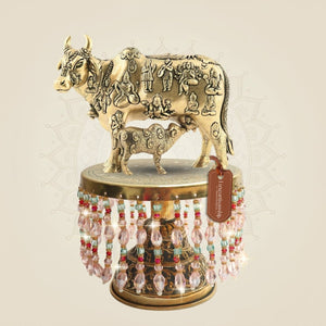 Kamdhenu Cow & Calf Brass Idol on Chowki 7.75"ā Prosperity Form - Luxeartisanship