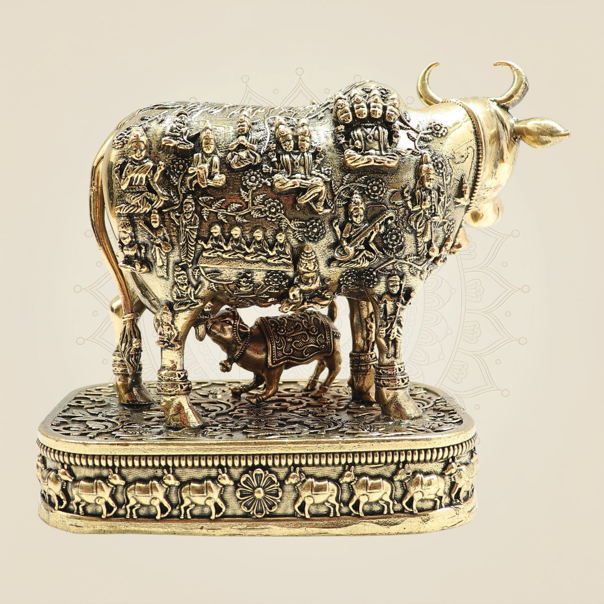 Kamdhenu Cow & Calf Idol • Divine Pure Brass Statue with Deities – 5.5"