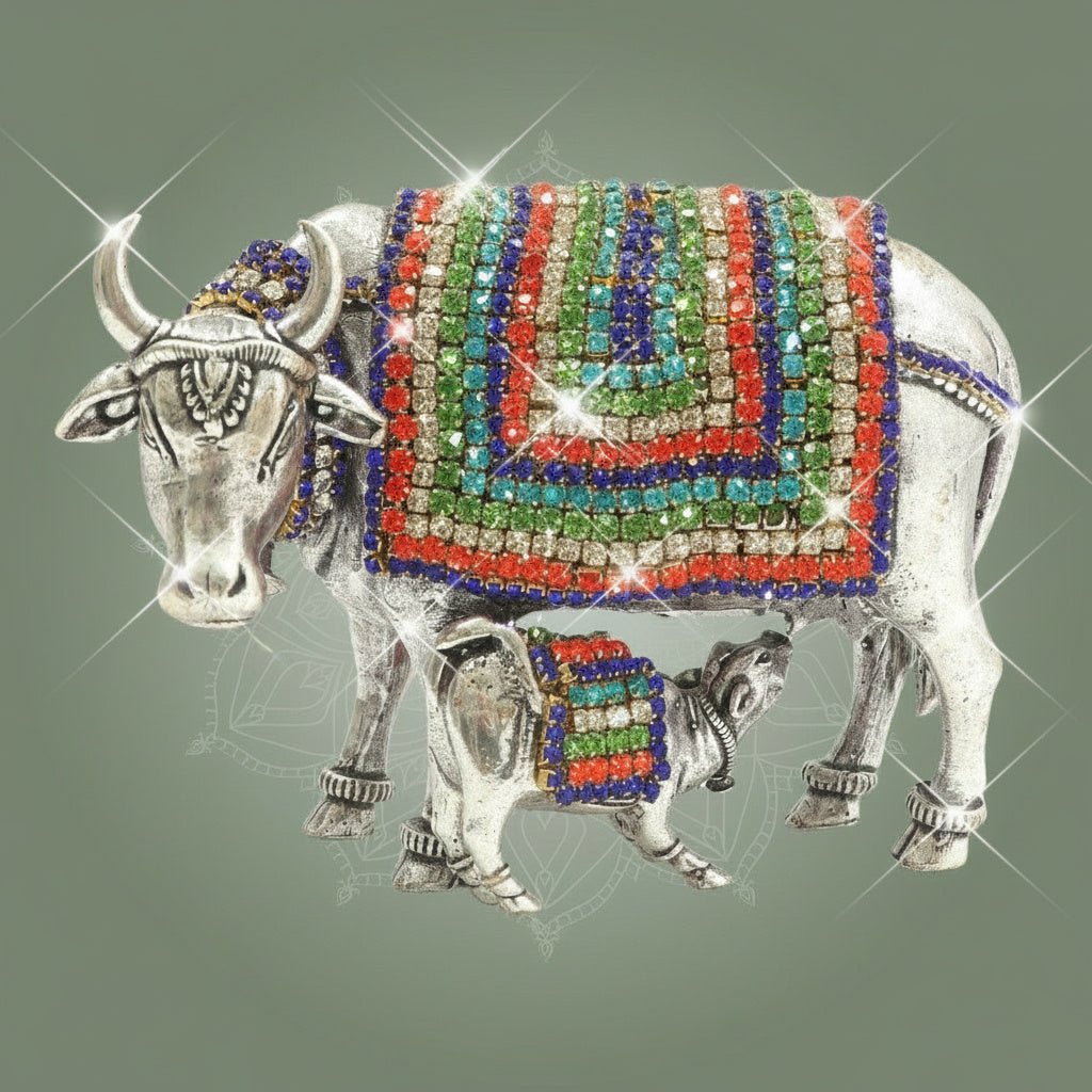 Kamdhenu Cow with Calf Idol 3.5" Silver - Plated Brass with Jewellery Stone Work - Luxeartisanship