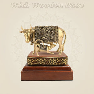 Kamdhenu Cow with Calf Idol in Brass 3.25β³ with Handcrafted Square Wood Base - Luxeartisanship