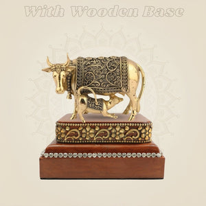 Kamdhenu Cow with Calf Idol in Brass 3.25β³ with Handcrafted Square Wood Base - Luxeartisanship