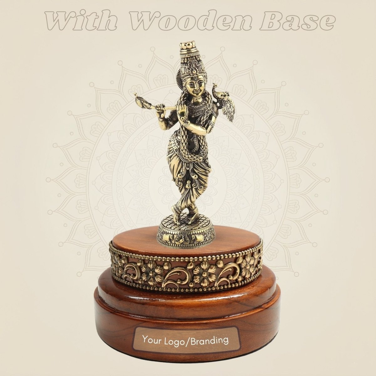 Krishna Playing the Flute Brass Idol 6.5" Displayed on a Round Wooden Platform - Luxeartisanship