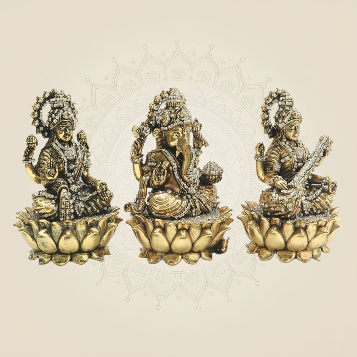 Lakshmi Ganesha Saraswati Brass Idol Set with Sparkling Stone Detail 6" - Luxeartisanship