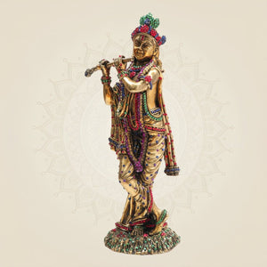 Large Krishna Brass Idol with Jewellery Stone Work 12" - Luxeartisanship