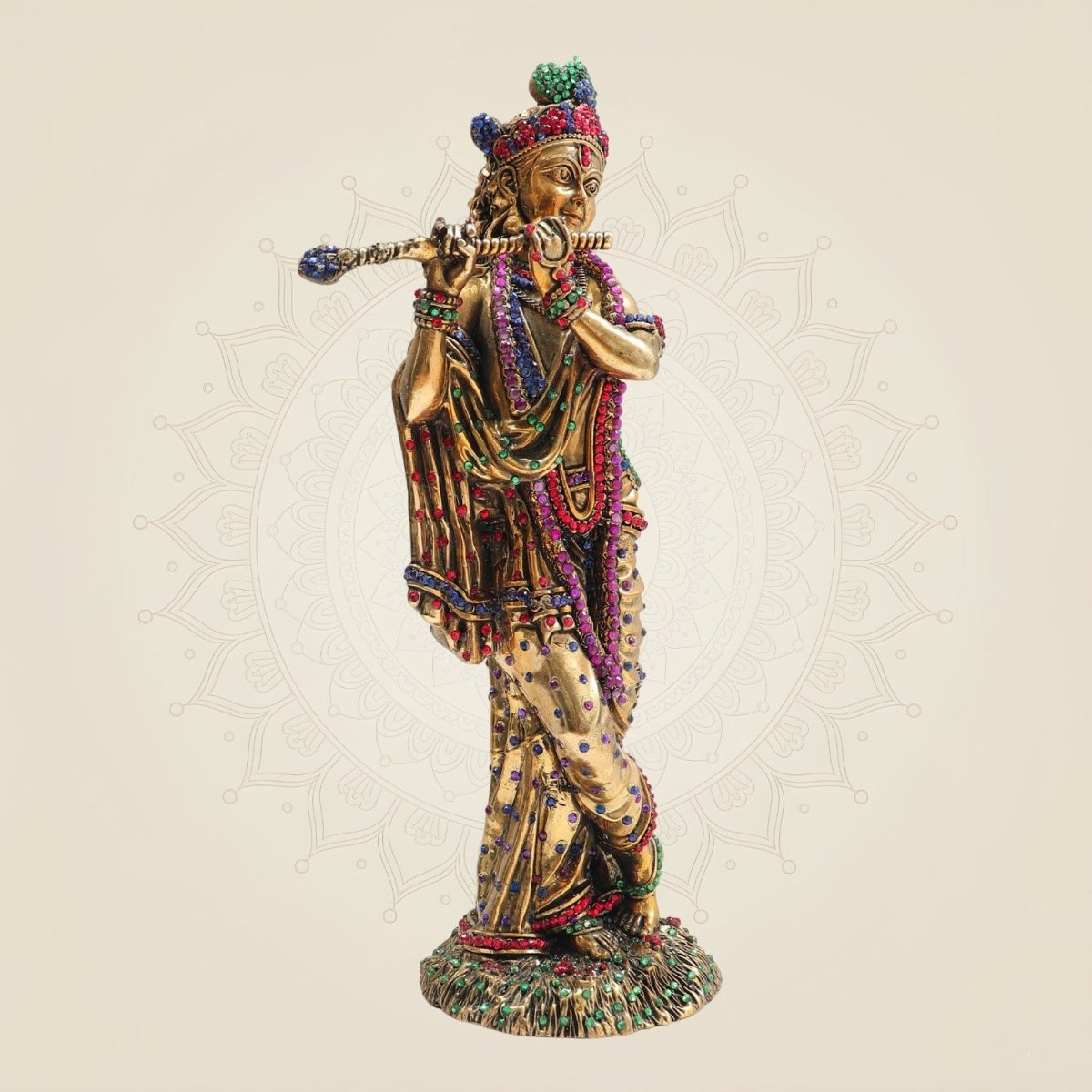 Large Krishna Brass Idol with Jewellery Stone Work 12" - Luxeartisanship
