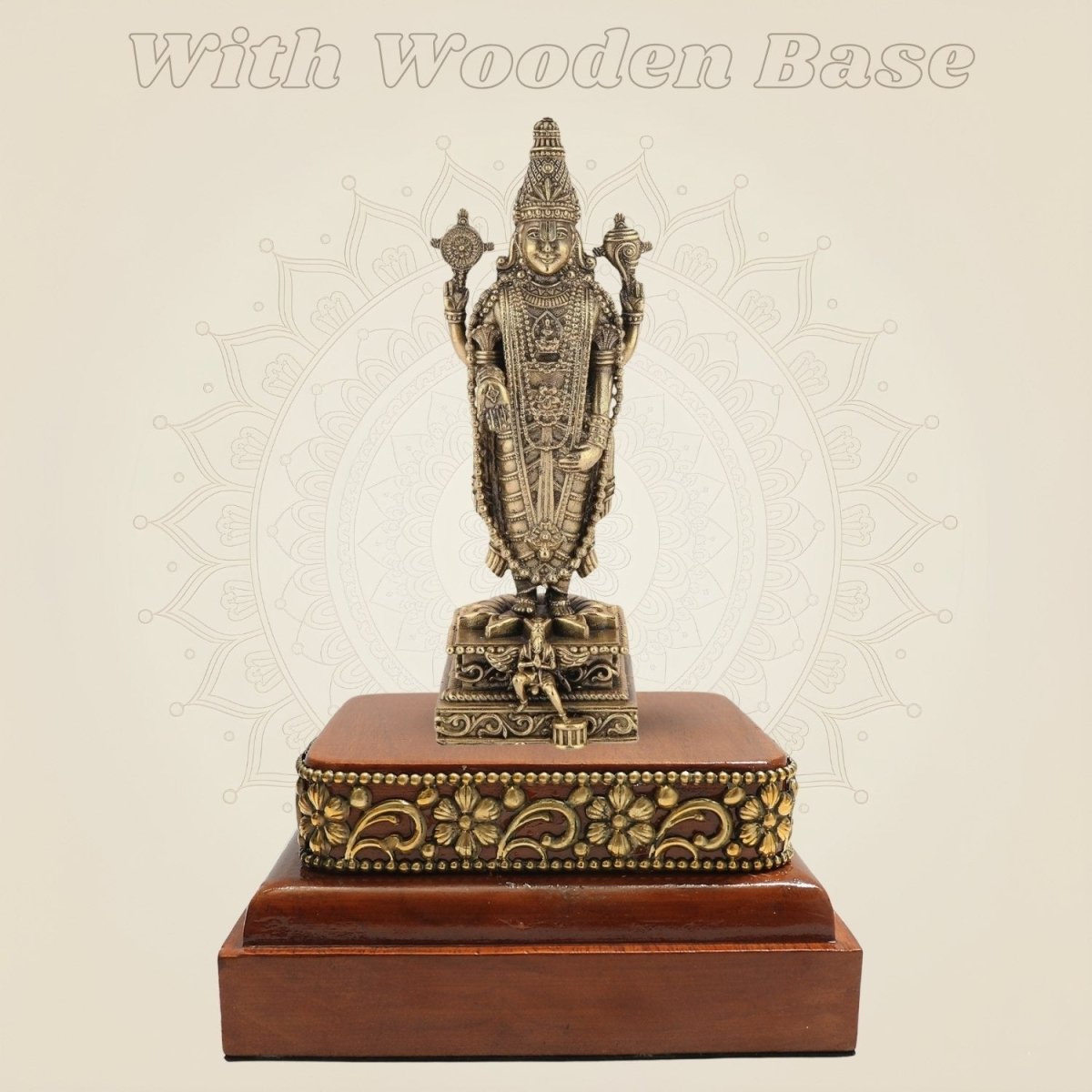 Lord Venkateswara Tirupati Balaji Idol (7.75″) with Square Wood Platform - Luxeartisanship