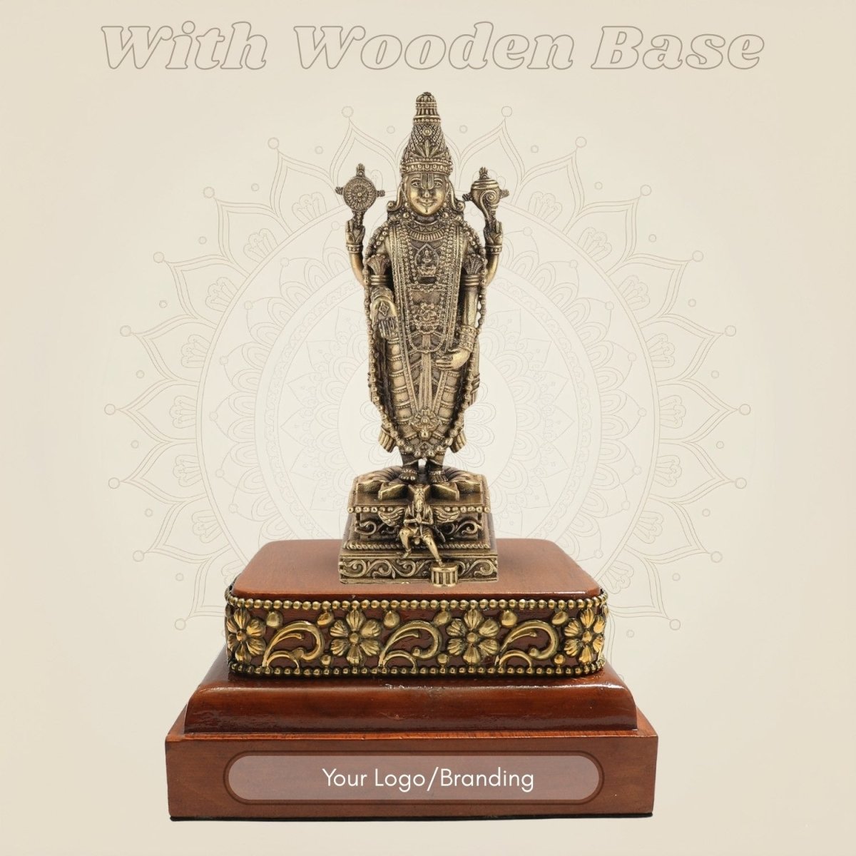 Lord Venkateswara Tirupati Balaji Idol (7.75″) with Square Wood Platform - Luxeartisanship