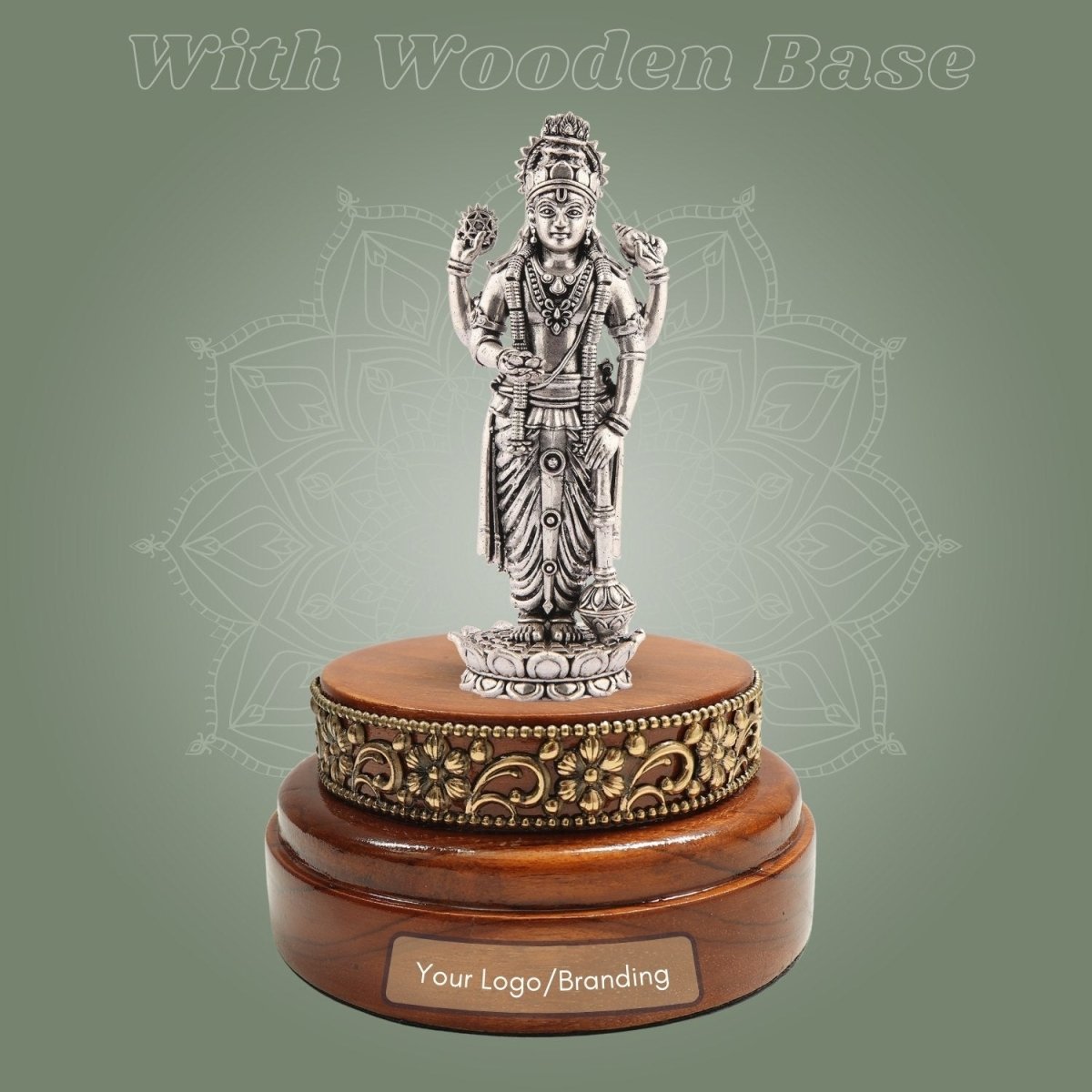 Lord Vishnu Idol 5.75" in Silver - Plated Brass with Hand - Finished Round Wood Base - Luxeartisanship