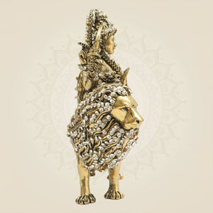 Maa Durga Brass Idol 6" Seated on Lion with Jewellery Stone Accents - Luxeartisanship