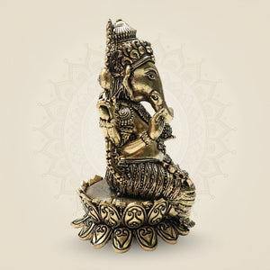 Ornate Brass Ganesha Idol 4"β Seated Ganpati Statue with Detailed Lotus Base - Luxeartisanship