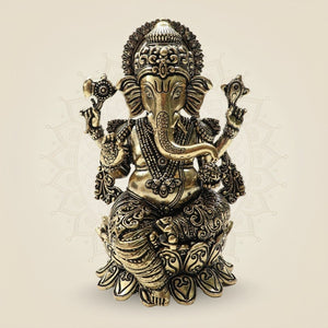 Ornate Brass Ganesha Idol 4"β Seated Ganpati Statue with Detailed Lotus Base - Luxeartisanship