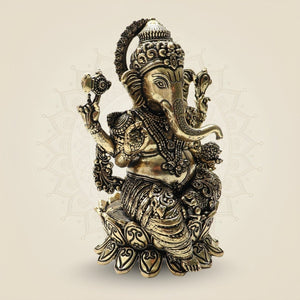 Ornate Brass Ganesha Idol 4"β Seated Ganpati Statue with Detailed Lotus Base - Luxeartisanship