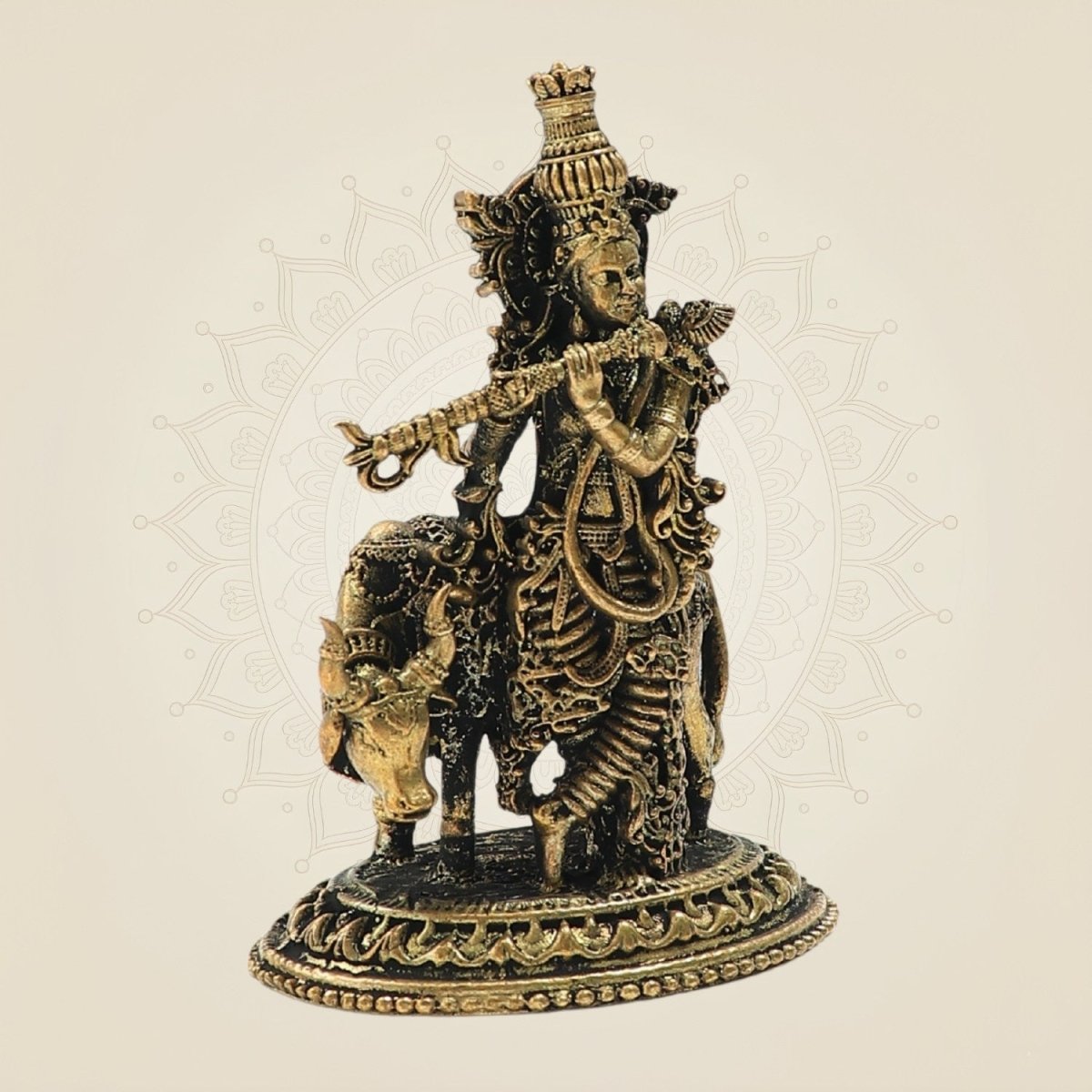Panchaloha Krishna Idol Playing Flute with Cow