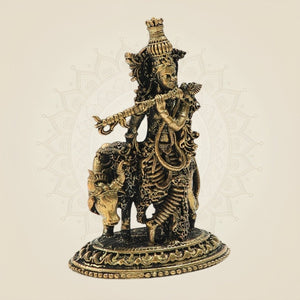 Panchaloha Krishna Idol Playing Flute with Cow