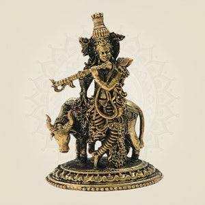 Panchaloha Krishna Playing Flute with Cow Bronze Idol - Luxeartisanship