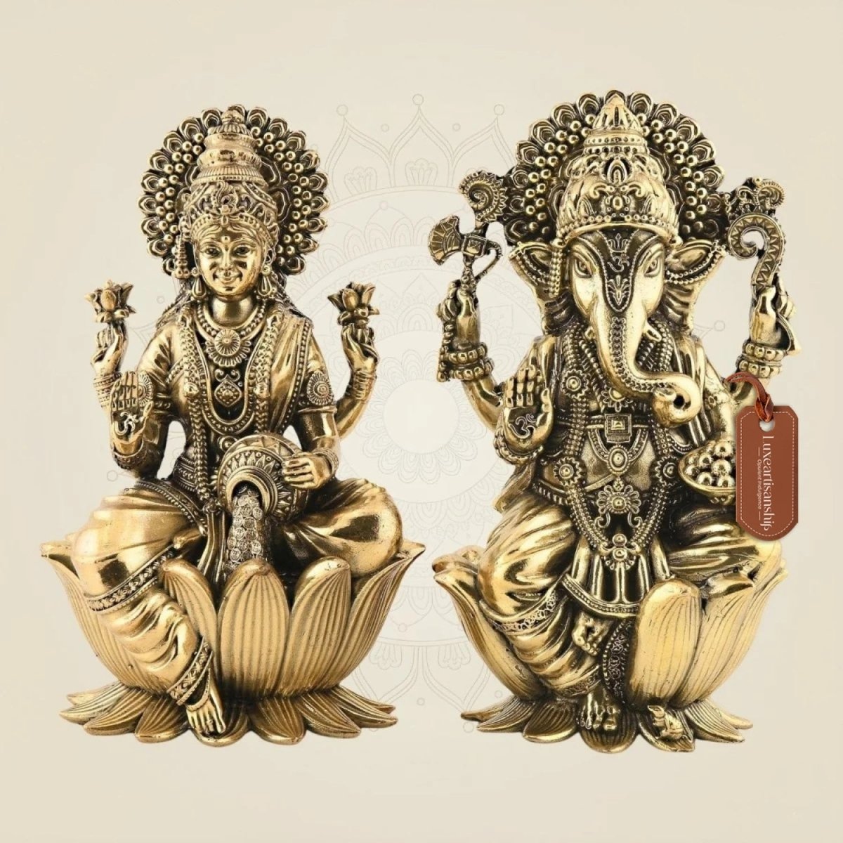 Pure Brass Lakshmi Ganesh Set 6" – Lightweight Handcrafted Idols on Lotus Base
