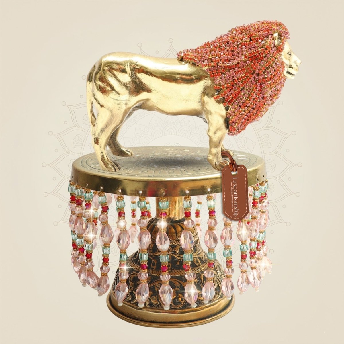 Regal Brass Lion Figurine with Rhinestone Work on Chowki Decor 7.75" - Luxeartisanship