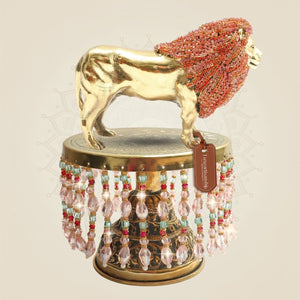 Regal Brass Lion Figurine with Rhinestone Work on Chowki Decor 7.75" - Luxeartisanship
