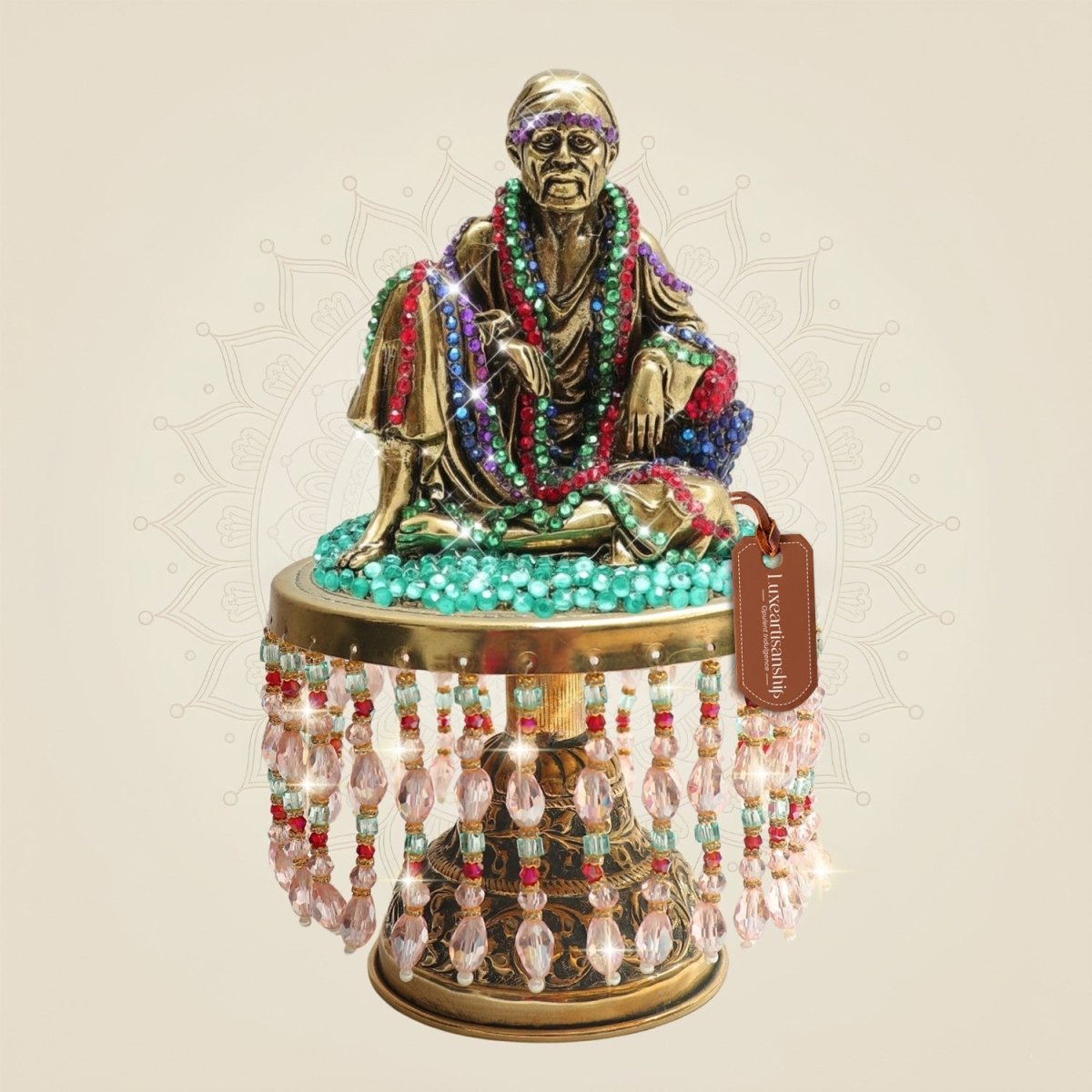 Sai Baba Brass Murti on Chowki 8" in Sitting Pose with Stone Work - Luxeartisanship