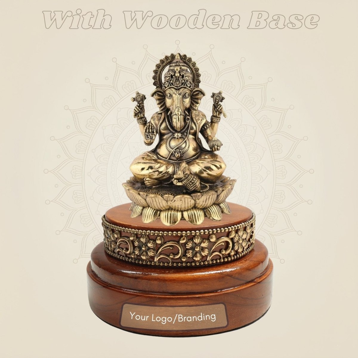 Seated Lord Ganesh Brass Idol 4" on Carved Wooden Base for Pooja - Luxeartisanship