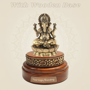 Seated Lord Ganesh Brass Idol 4" on Carved Wooden Base for Pooja - Luxeartisanship