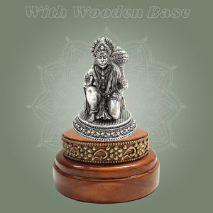 Silver - Plated 4β³ Hanuman Idol Crafted in Brass with Round Wooden Base - Luxeartisanship