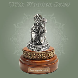 Silver - Plated 4β³ Hanuman Idol Crafted in Brass with Round Wooden Base - Luxeartisanship
