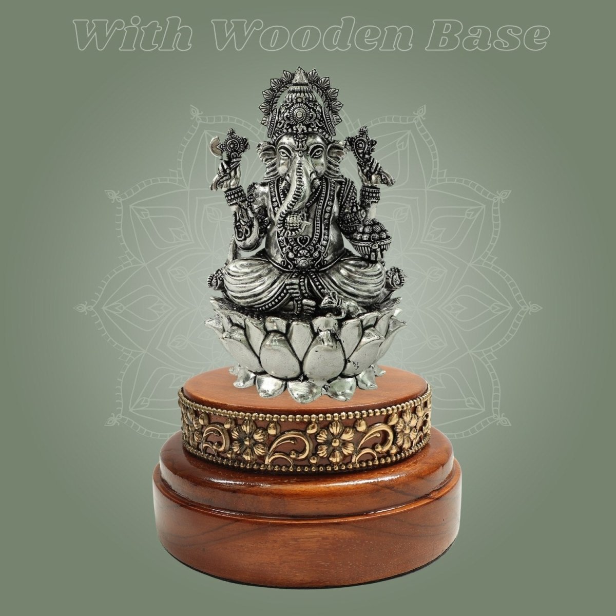 Silver - Plated Brass Chaturbhuja Ganesh Idol 5″ with Round Wooden Base - Luxeartisanship