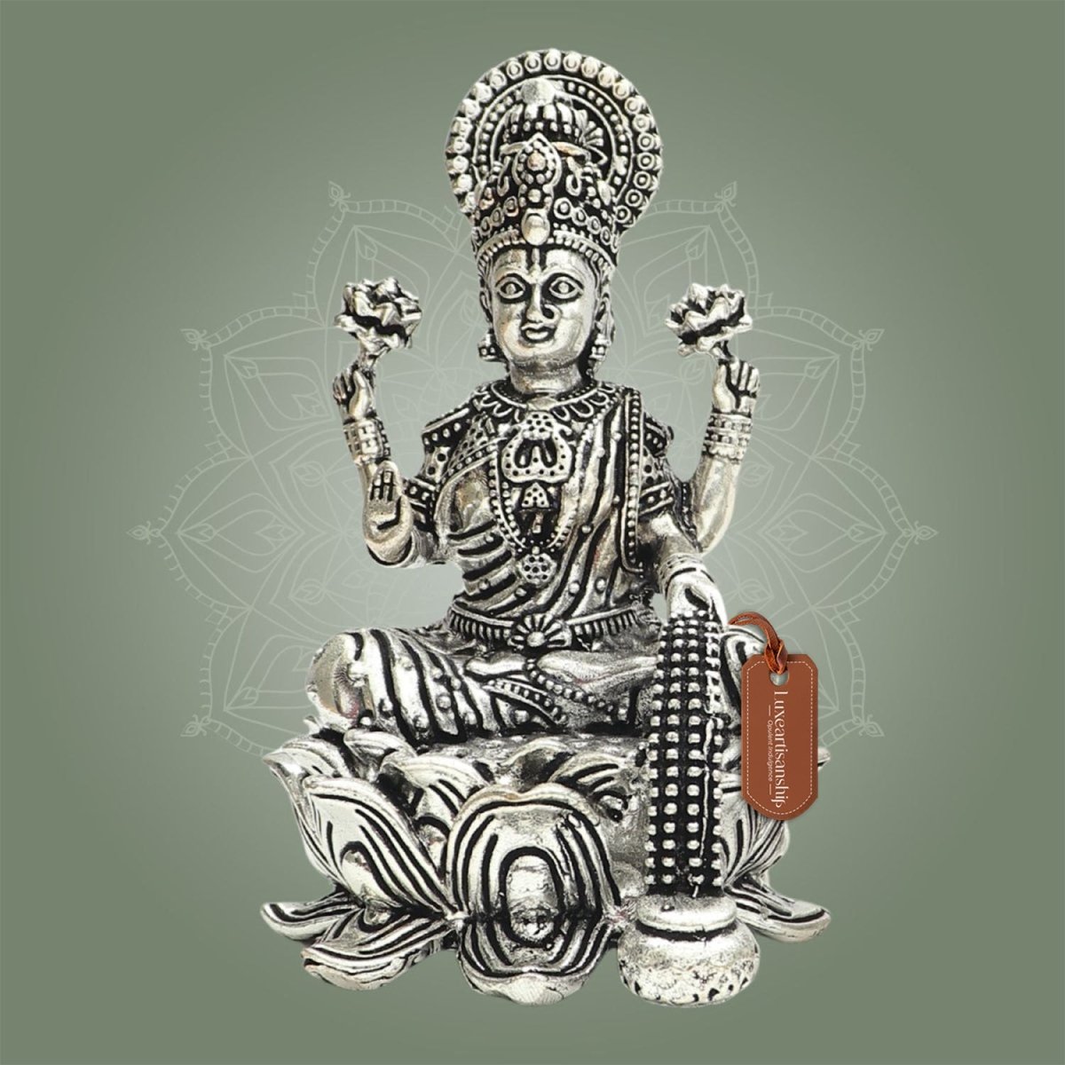 Silver Plated Goddess Lakshmi Lotus Base Brass Statue 4"