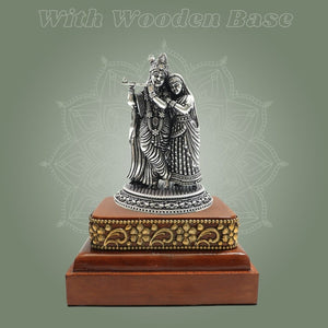 Silver - Plated Radha Krishna Brass Statue (4.25β³), Finished with a Smooth Square Wooden Base - Luxeartisanship