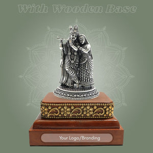 Silver - Plated Radha Krishna Brass Statue (4.25β³), Finished with a Smooth Square Wooden Base - Luxeartisanship