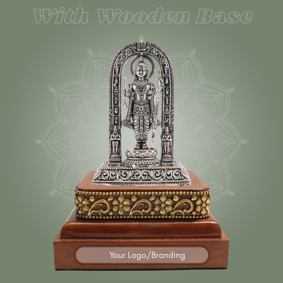 Silver Plated Ram Lalla Brass Idol (4″) with Polished Square Wooden Stand - Luxeartisanship
