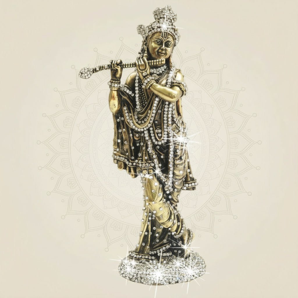 Standing Krishna Brass Murti with Flute & Jewellery Stone Work 10" - Luxeartisanship