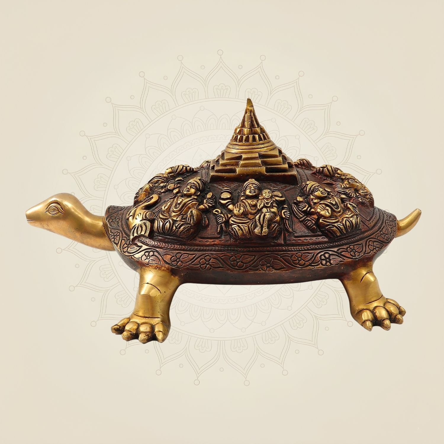 Brass Ashtalakshmi Shree Yantra on Tortoise Figurine 5.75" – Unique Vastu Home Décor