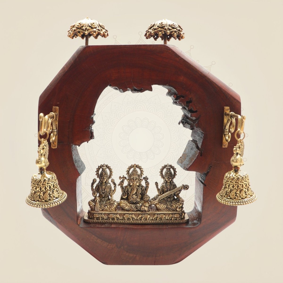 10.5" Ganesh Lakshmi Saraswati Idol Wooden Frame with Bells - Luxeartisanship