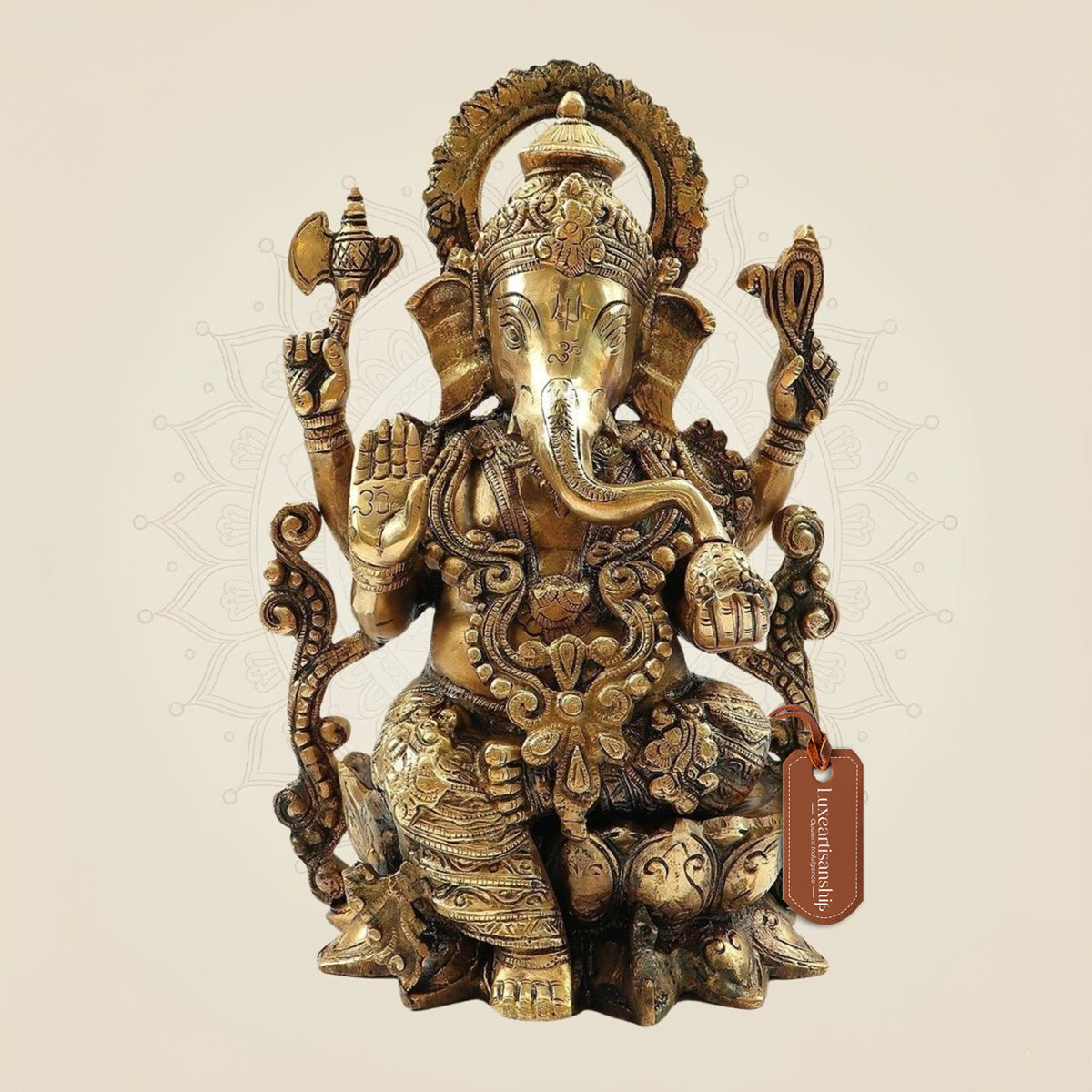 Lord Ganesh on Lotus Brass Idol – Heavy Handcrafted Ganpati Murti - 12.25"
