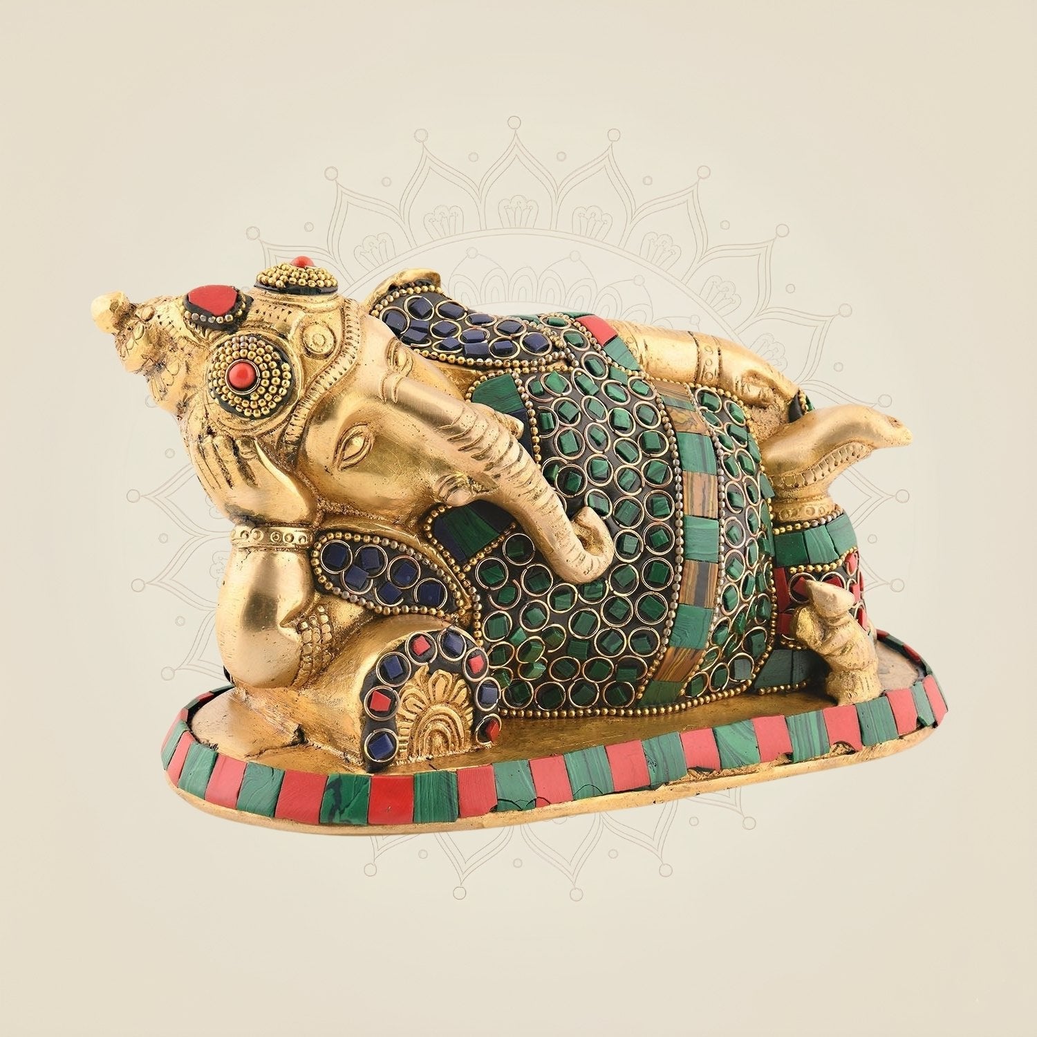 Relaxing Ganesha Brass Idol 4.5″ – Multicolor Stone Work Handcrafted Murti