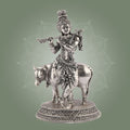 Krishna with Cow Idol 6.75" Silver Finish Handcrafted Brass Sculptures
