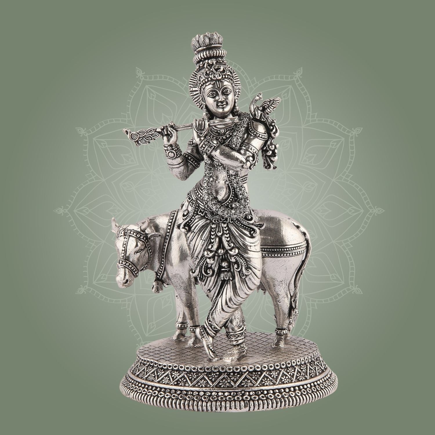 Krishna with Cow Idol 6.75" Silver Finish Handcrafted Brass Sculptures