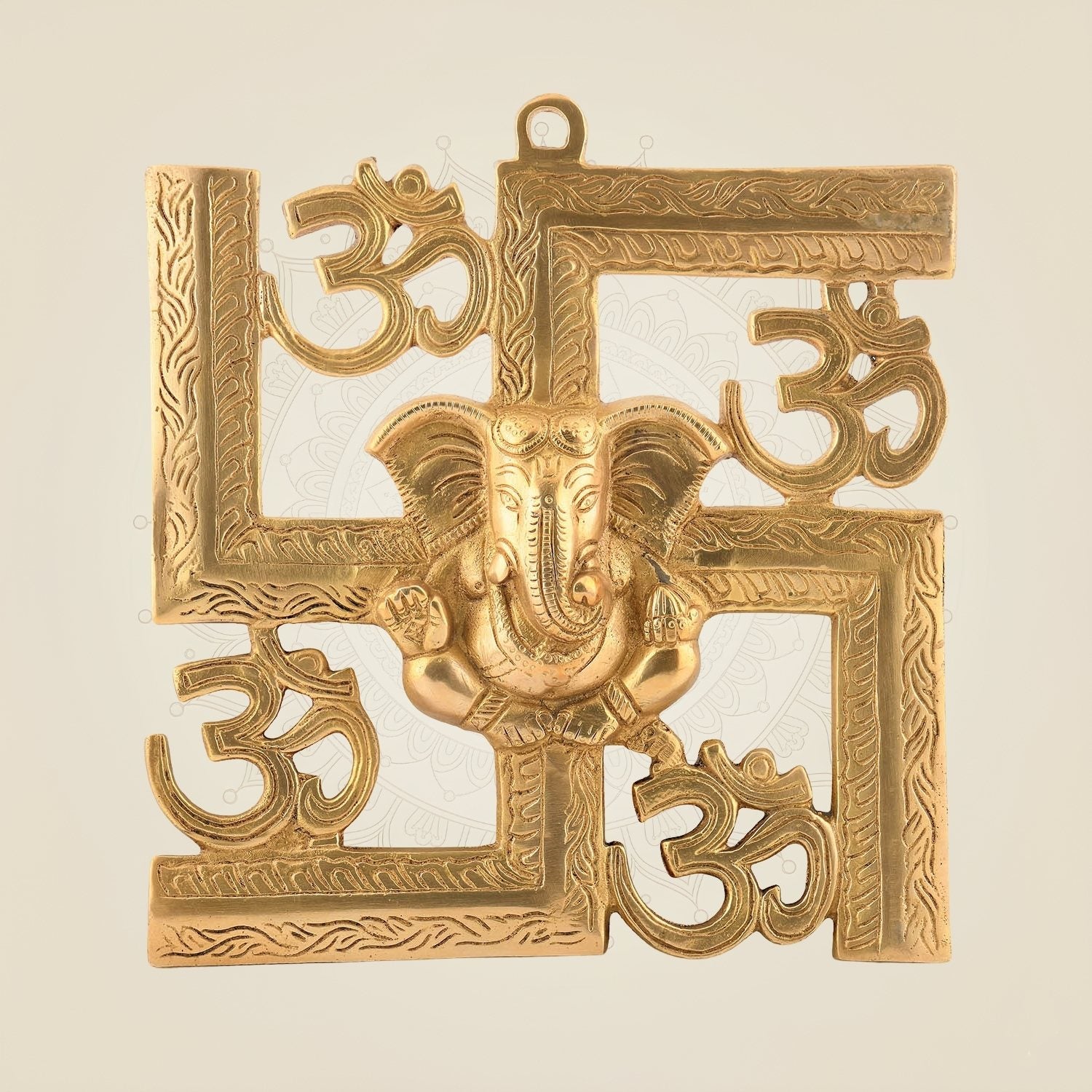 8″ Brass Ganesha Wall Hanging – With Swastik & Om Symbols for Auspicious Decor
